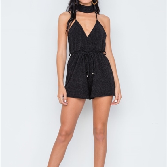 BLACK MOCK NECK CAMI EVENING ROMPER - Picture 5 of 6